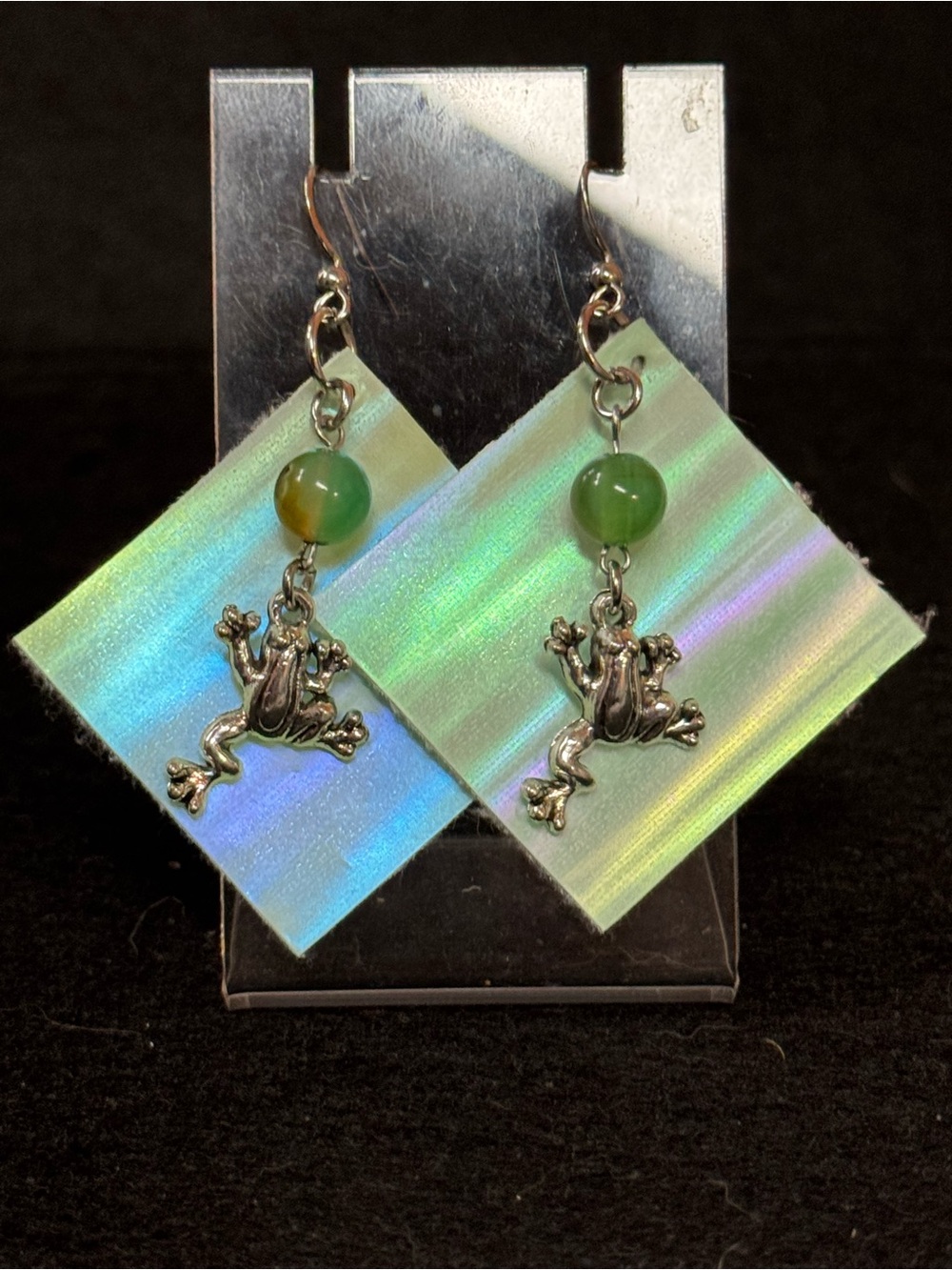 Green Multi Chrome Faux Leather Earrings with Frog Charms